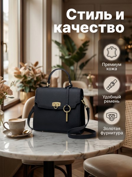 Слайд: кожаная сумка тёмно-синяя с золотой фурнитурой, «Стиль и качество», премиум кожа и ремень